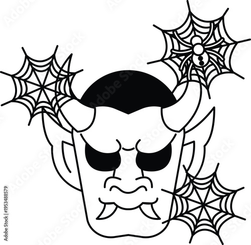 Spooky devil head with sharp horns and fangs