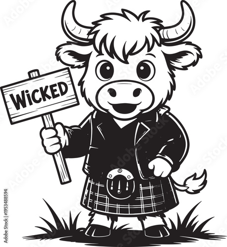 Cartoon highland cow in kilt holding wicked sign vector illustration on grass