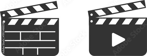 Clapperboard icons set, movie slate symbols with play button for video production design