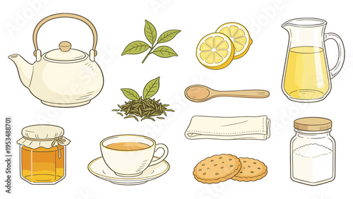 Illustrated food and beverage collection featuring a classic teapot, fresh tea, sweet honey, lemon, and cookies, ideal for breakfast or a snack set