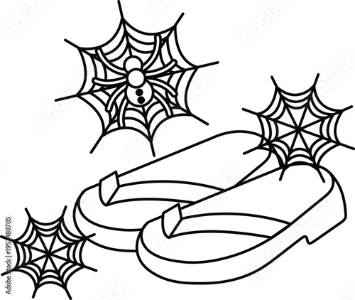 Black line art of flip-flops and spider webs