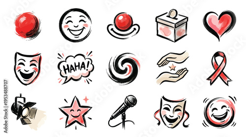 A collection of hand-drawn icons representing various aspects of performance, entertainment, and charity.