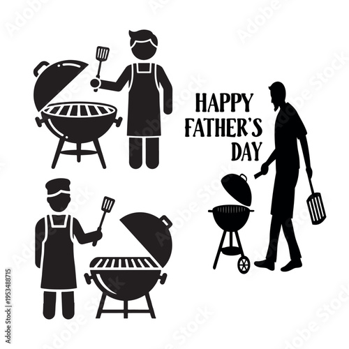 Happy Father's Day BBQ Grilling Icons Vector Set with Men Cooking on Barbecues, Perfect for Holiday Celebrations and Outdoor Events
