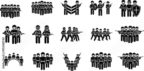 Black and white of various people and animals in different poses and activities