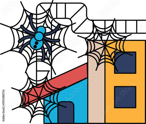 Black-and-white spiderwebs cling to a blocky structure