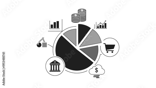 Pie chart surrounded by business and financial icons, representing comprehensive financial analysis, market share, and economic activity.