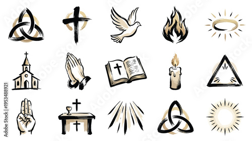 A collection of religious symbols and icons, including crosses, a dove, a church, praying hands, and a Bible, rendered in a brushstroke style.