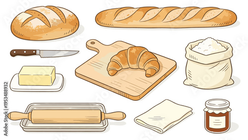 Set elements various food and beverage collection featuring delicious fresh baked goods, essential baking ingredients, and kitchen tools, ideal for culinary themes