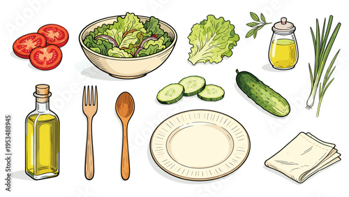 A vibrant set elements various food and beverage collection featuring fresh garden salad ingredients, healthy cooking oils, and dining accessories for wholesome meals