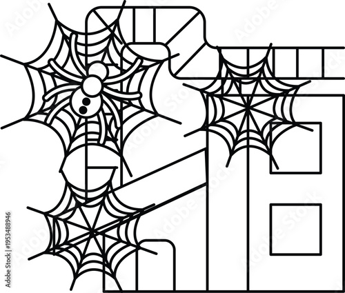 Black-and-white spiderwebs cling to a blocky structure