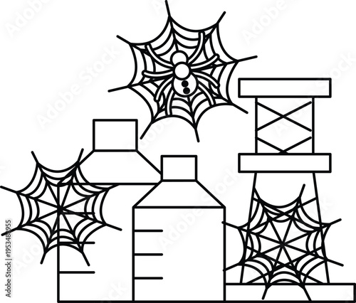 Spiders hang on webs above bottles and a spool