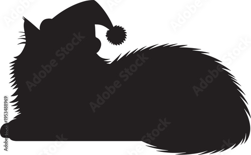 Silhouette of fluffy cat wearing Santa hat, lying down, festive animal silhouette, Christmas pet.
