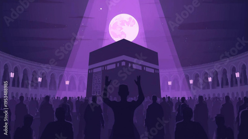Flat vector graphic of a Muslims  praying in front of the Kaaba, bathed in soft purple moonlight illustration