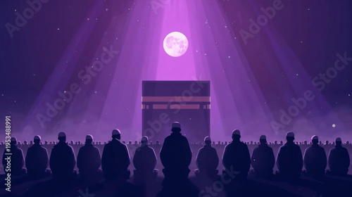 Flat vector graphic of a Muslims  praying in front of the Kaaba, bathed in soft purple moonlight illustration