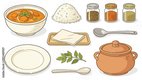 An illustration featuring various food and beverage set elements curry, rice, spices, plate, and pot. Essential kitchen items for diverse culinary themes