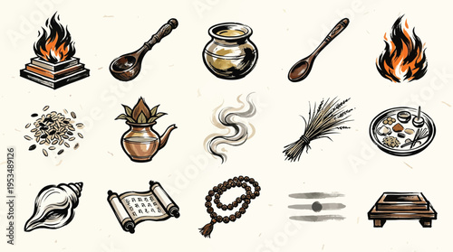 A collection of hand-drawn icons representing elements of Hindu religious rituals and practices, including fire, offerings, and sacred objects.