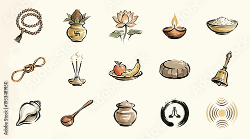 A collection of hand-drawn Hindu religious symbols and items used in worship and rituals, presented in a watercolor style on a light background.