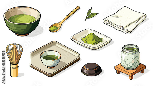 set elements various food and beverage collection featuring traditional Japanese matcha tea items