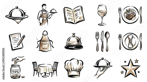 A collection of hand-drawn icons representing various aspects of the restaurant and dining experience.