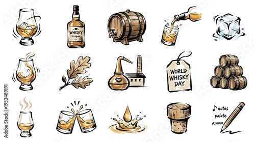A collection of hand-drawn illustrations depicting various elements associated with whisky, including glasses, bottles, barrels, and tasting notes.