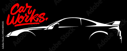 Professional Sport Car Profile Combined with Artistic Hand Drawn Typography for Workshop Branding.