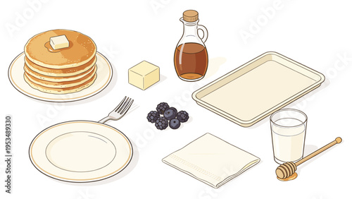 A delightful assortment of breakfast foods and beverages, including pancakes, maple syrup, blueberries, milk, and butter, ready for a delicious morning meal