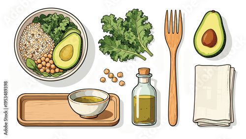 Healthy eating components grain bowl, avocado, kale, chickpeas, olive oil, wooden fork, and napkin