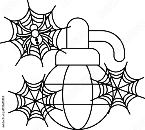 Spider webs drape a grenade in black and white