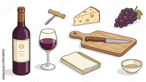Elegant vector set of various food and beverage elements for gourmet enjoyment, featuring red wine, artisan cheese, fresh grapes, and crackers. A sophisticated tasting collection