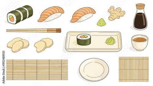 An exquisite set of traditional Japanese sushi elements, featuring a diverse array of fresh seafood rolls, traditional condiments, and essential dining accessories