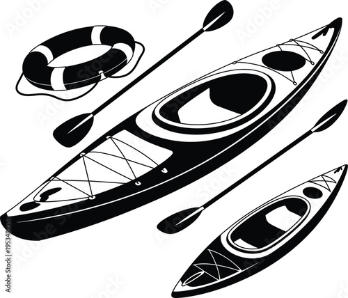Kayak and paddle equipment set, water sport gear collection for outdoor adventure design vector