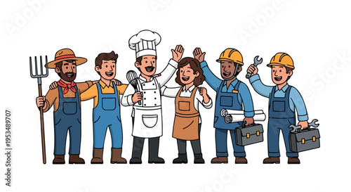 Flat illustration of diverse professionals waving in various occupations, including a farmer, chef, and construction workers, against a clean white background with a vibrant and welcoming