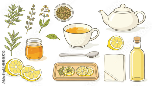 A vibrant set elements various food and beverage collection featuring fresh lemons, golden honey, fragrant herbs, and classic tea elements for a refreshing and healthy brew