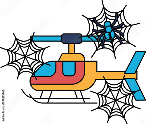 Black lines sketch a helicopter