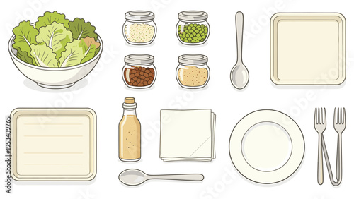 set elements various food and beverage collection featuring healthy salad, diverse condiments, dining essentials, and takeaway containers for meal preparation