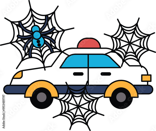 Spiderwebs dangle near a classic taxi car