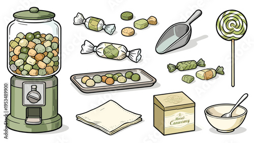 Sweet confectionery collection with gumball machine, wrapped candies, lollipop, and various serving elements. A vibrant food and beverage set perfect for dessert-themed designs