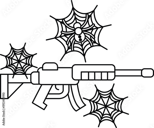 Spider webs float near a futuristic rifle