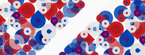 Abstract pattern. Circles, ovals overlap creating dynamic visual texture. Red, blue, purple hues dominate white background. Modern design.