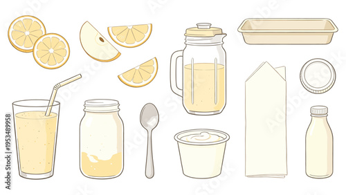 A versatile collection of various food and beverage elements, featuring creamy dairy products, fresh lemon slices, and kitchen essentials for healthy recipes
