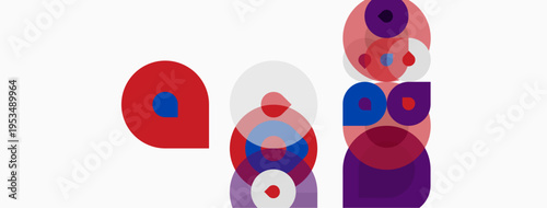 Abstract composition featuring overlapping circles. Red, blue, purple hues dominate white background. Minimalist design, modern aesthetic.