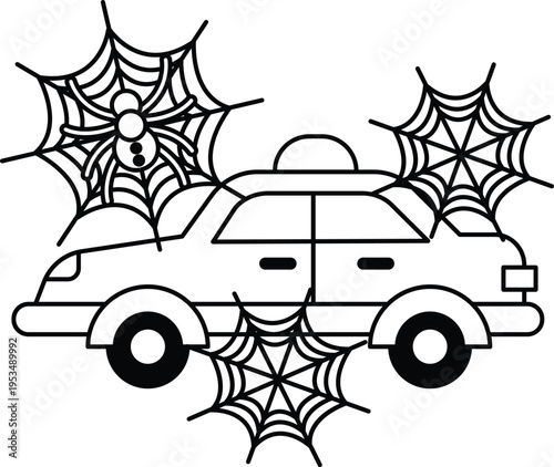Spiderwebs dangle near a classic taxi car