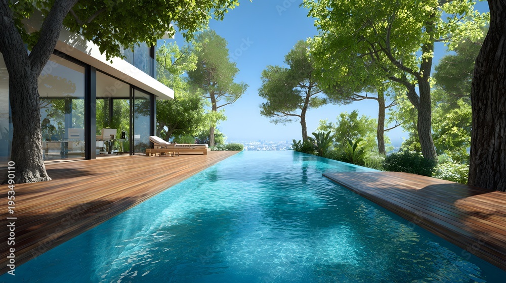 Fototapeta premium Luxurious Infinity Pool Overlooking a Serene Ocean View Surrounded by Lush Greenery.