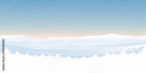 Sunrise over a winter mountain landscape with clouds and blue sky seen from an aerial view