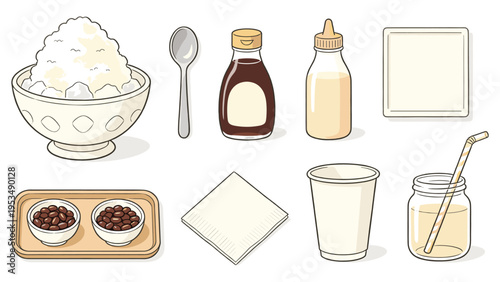 A delightful set of various food and beverage elements, illustrating a sweet dessert collection featuring shaved ice, syrups, toppings, and serving items for a refreshing treat