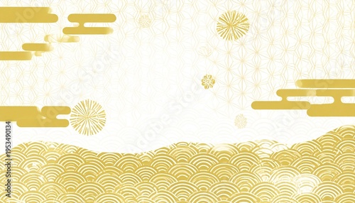Elegant Japanese Gold Floral Background with Traditional Pattern and Decorative Elements