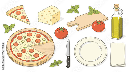 A comprehensive set elements various food and beverage collection featuring delicious pizza, cheese, tomatoes, and cooking ingredients
