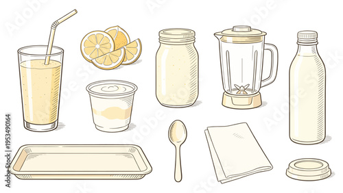 An illustrative vector collection featuring diverse food and beverage elements, including fresh ingredients, kitchen utensils, and serving items for culinary concepts