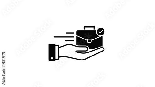 Hand holding a briefcase with a checkmark and speed lines, symbolizing fast delivery, efficient business solutions, and successful task completion.