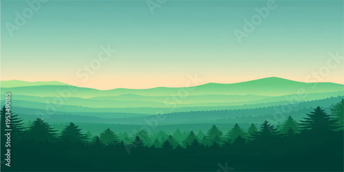 Sunrise over foggy mountain landscape